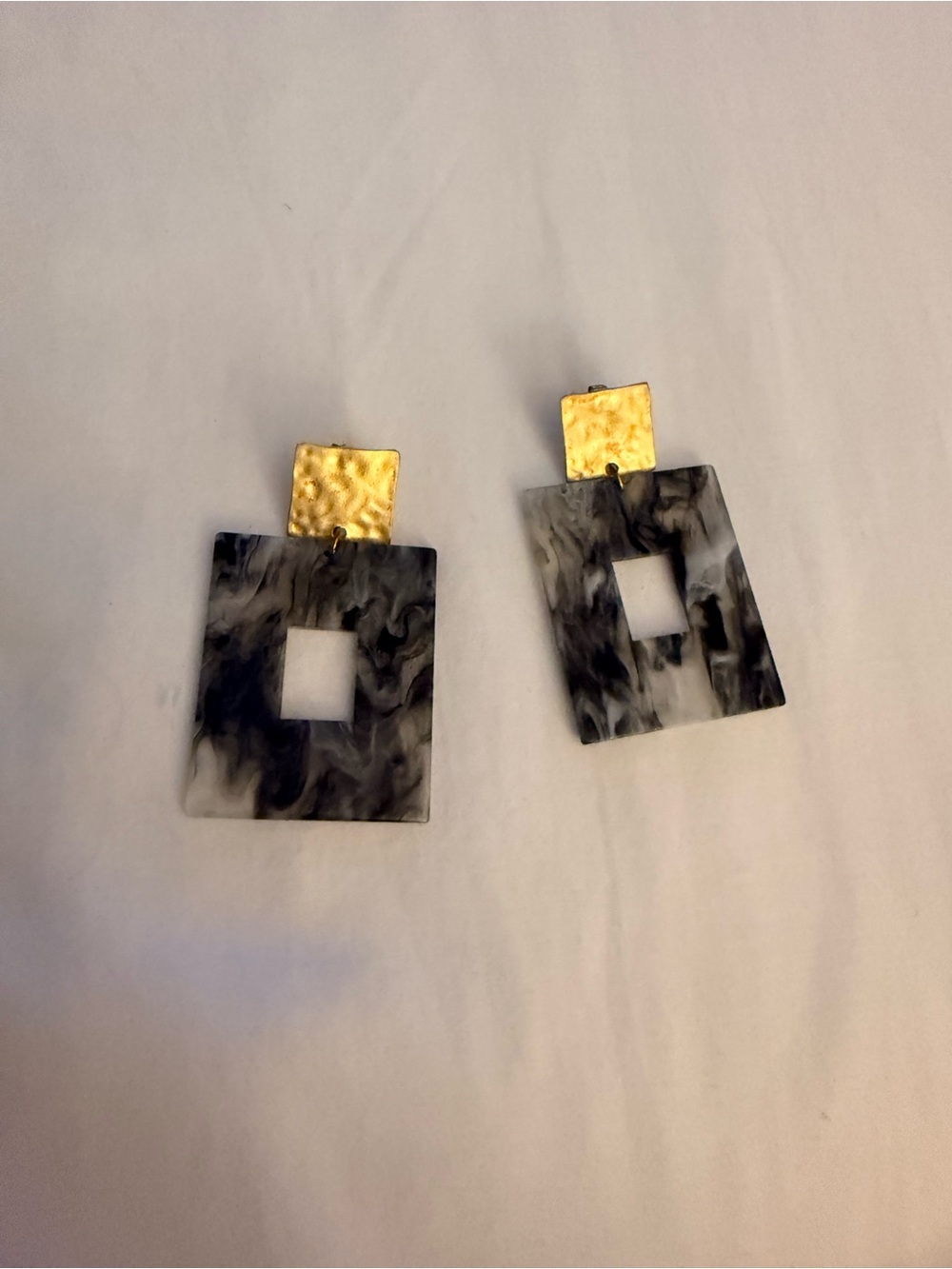 Gold and Black Marbled Square Drop Earrings